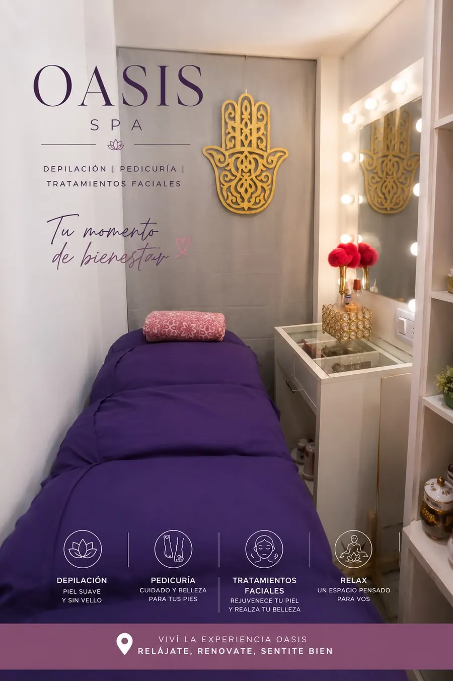 Gabinete de Spa Oasis con camilla y luz cálida